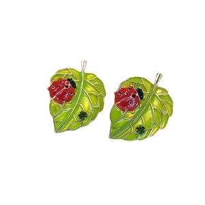 Elegante blad en lieveheersbeestje oorbellen met groen emaille en kristallen