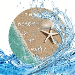 Detail of beach-themed coaster with starfish print and The Beach Is My Happy Place text