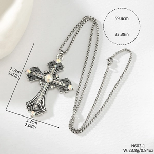 Detailed size view of retro silver cross necklace with colorful rhinestones and dimensions