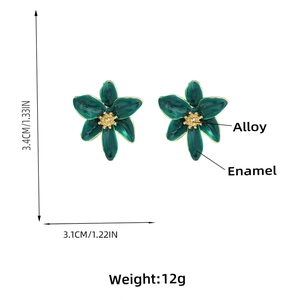 Pendientes de flor en esmalte verde esmeralda y aleación, 3,4x3,1cm para mujer