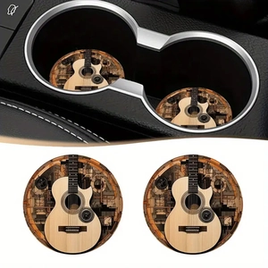 Car coasters featuring artistic guitar and gear patterns in center console cup holder