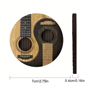 Detailed view of round car coaster with yin yang guitar print and product dimensions
