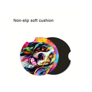 Close-up of colorful beagle art car coaster with non-slip soft cushion textured backing