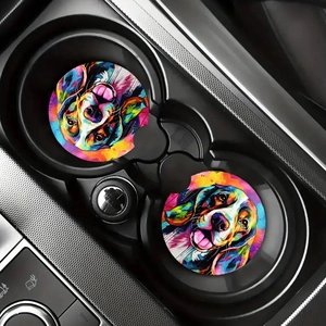 Detail view of colorful pop art dog print car coasters in a vehicle cup holder