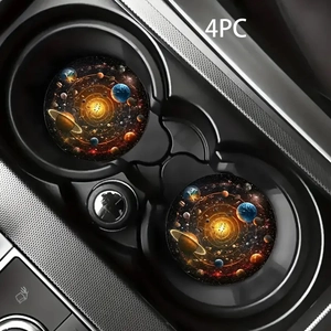Close-up of four solar system printed coasters inside a black car cup holder set