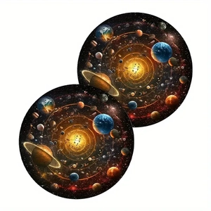Detailed macro view of two round car coasters with vibrant solar system and planet print
