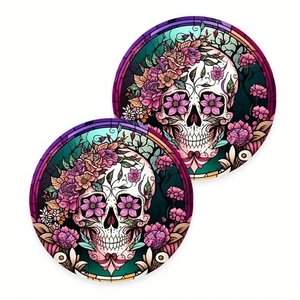 Macro view of colorful floral skull car coasters with vibrant Bohemian stained glass patterns