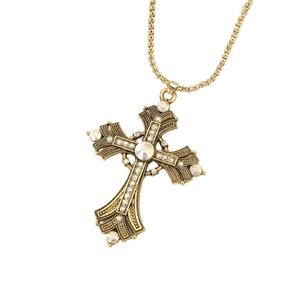 Vintage gold cross pendant necklace with multi-color rhinestones and baroque engraving
