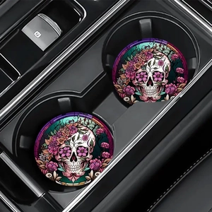 Car cup holder coaster with colorful floral skull and stained glass design on dashboard