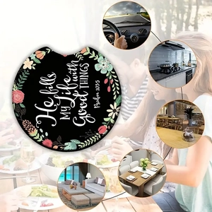Floral car coaster with Psalm 103:5 quote shown in various home and auto settings