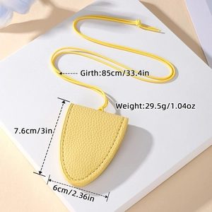 Yellow leather neck pouch for glasses with detailed dimensions and lanyard measurements