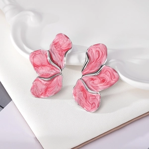 Pink gradient petal earrings with 3D irregular metallic design and silver base finish