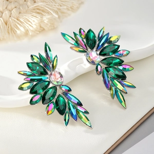 Green marquise cut rhinestone cluster wing earrings with rainbow center stones