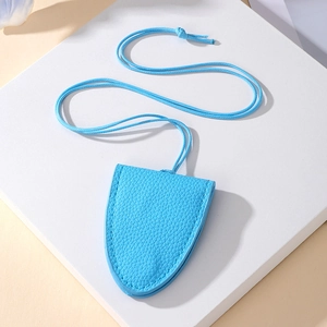 Close-up of sky blue leather clochette glasses holder necklace with refined stitching