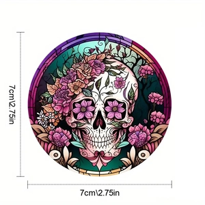 Round car coaster with Mexican sugar skull and purple roses, diameter 7cm 2.75in