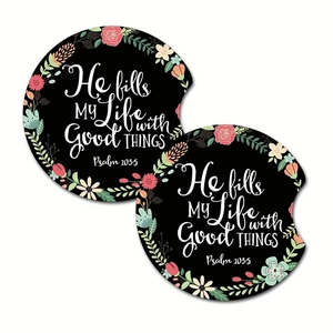 Floral round car coasters with Psalm 103:5 print in a set of two with easy-pull notch