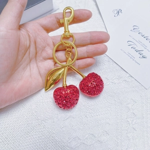 Sparkling red crystal double cherry keychain with golden leaf and lobster clasp decor