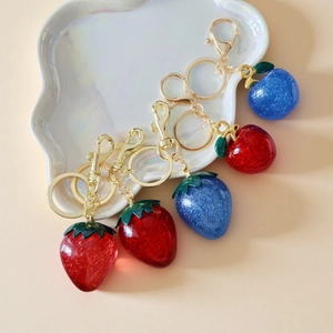 Glitter Resin Fruit Keychain Cute Strawberry Apple Bag Pendant Golden Lobster Clasp Key Ring Accessories For Women Girls
