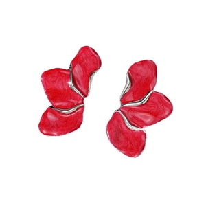 Artistic gradient red oil drip petal earrings with irregular silver metal design