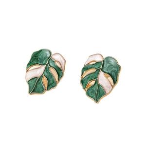 Minimalist monstera leaf alloy earrings with green and pink enamel and golden edges