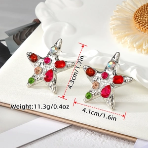 Retro luxury starfish earrings with colorful crystals and hammer texture finish