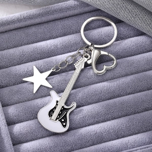 Y2K retro silver electric guitar keychain with star pendant and heart lobster clasp
