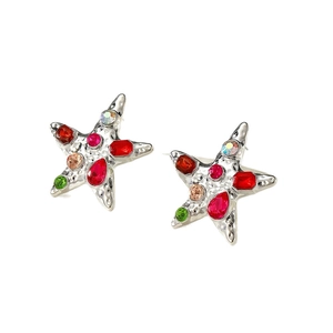 Retro starfish earrings with colorful crystal stones and silver hammered texture finish
