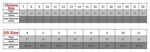 Detailed size chart for titanium steel rings showing US and CN sizes with inner diameter