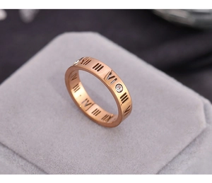 Detail of 18K rose gold plated ring featuring Roman numeral cutouts and inset zircons