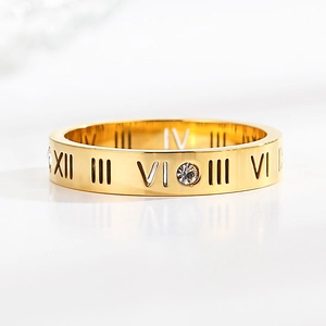 Minimalist 18k gold plated stainless steel ring with Roman numerals and zircon stones