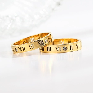 Polished 18k gold plated stainless steel ring with Roman numerals and cubic zirconia