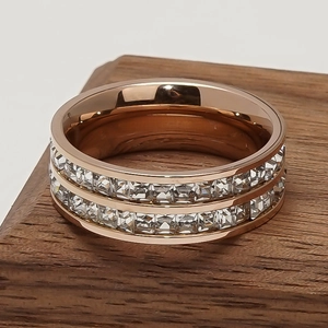 Detail of rose gold double row square-cut zircon inlay on stainless steel ring