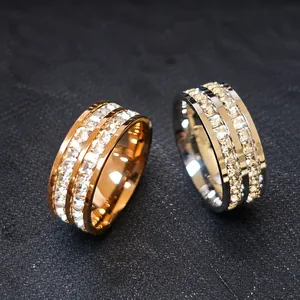 Detail of rose gold and silver double-row square zircon stainless steel rings