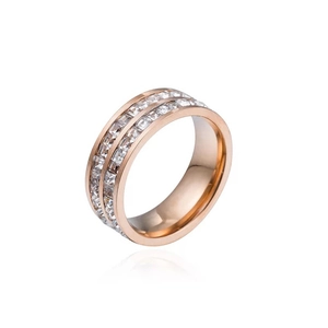 Elegant rose gold stainless steel ring featuring double row square-cut zircon stones