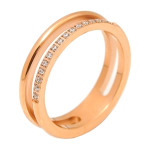 Bague double couche en acier inoxydable or rose sertie de zircons micro-pavés