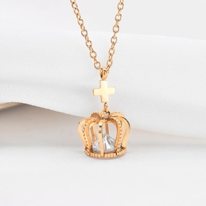 Elegant 14k gold titanium necklace with cross, crown pendant and white zircon crystal