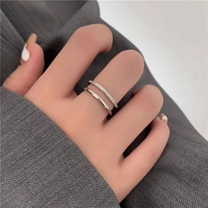 Minimalist double-layered silver titanium steel ring with rows of small cubic zirconia