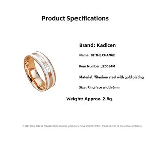 Detail of 6mm rose gold titanium steel ring with BE THE CHANGE engraved white inlay