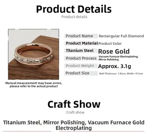 Specificaties van de roségouden titanium ring met rechthoekige zirkoonzetting
