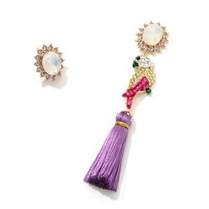 Asymmetric S925 long tassel parrot earrings with colorful rhinestones and opal stones