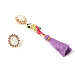 Detail of s925 silver tassel earrings featuring colorful parrot and purple silk fringes