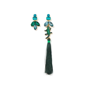 Asymmetric parrot earrings with green crystal crocodile pendant and long silk tassels