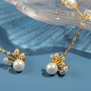 Élégant ensemble de boucles d'oreilles perles dorées avec structure couronne