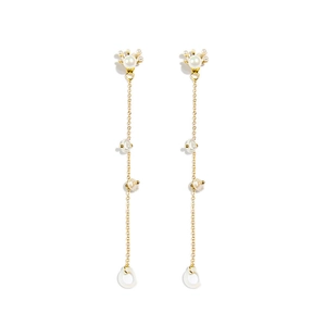 Boucles d'oreilles élégantes à pampilles dorées avec perles blanches et clou couronne chic