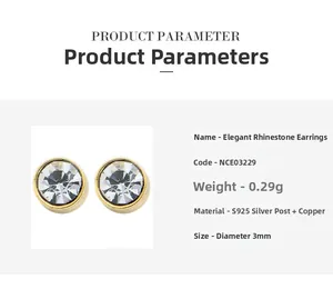 Detail showing product parameters and 3mm rhinestone stud earrings with S925 silver needle
