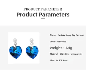 Detailed product parameters of heart blue crystal earrings with S925 silver specifications