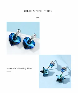 Detailed view of sterling silver blue crystal earrings in heart and star shapes