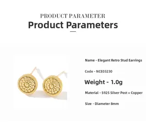 Detail of round gold-plated earrings with dotted relief texture and S925 silver needles