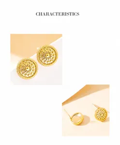 Detailed macro view of golden stud earrings with intricate granular texture and S925 silver pins