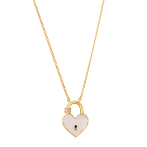 Gold heart lock necklace with white mother of pearl and cubic zirconia detailing